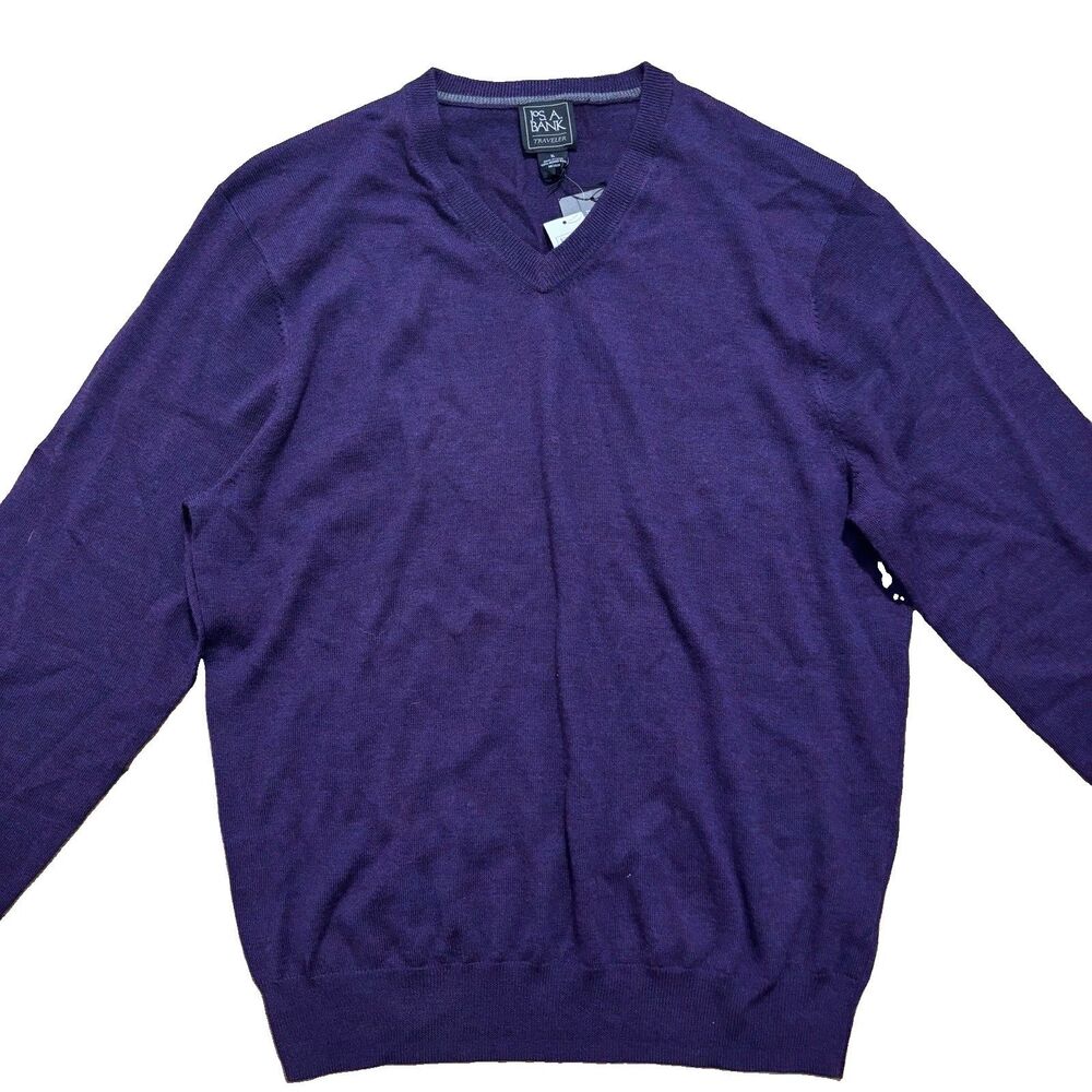 Jos A Bank Traveler Sweater Mens XL Purple 100% Merino Wool V Neck NEW